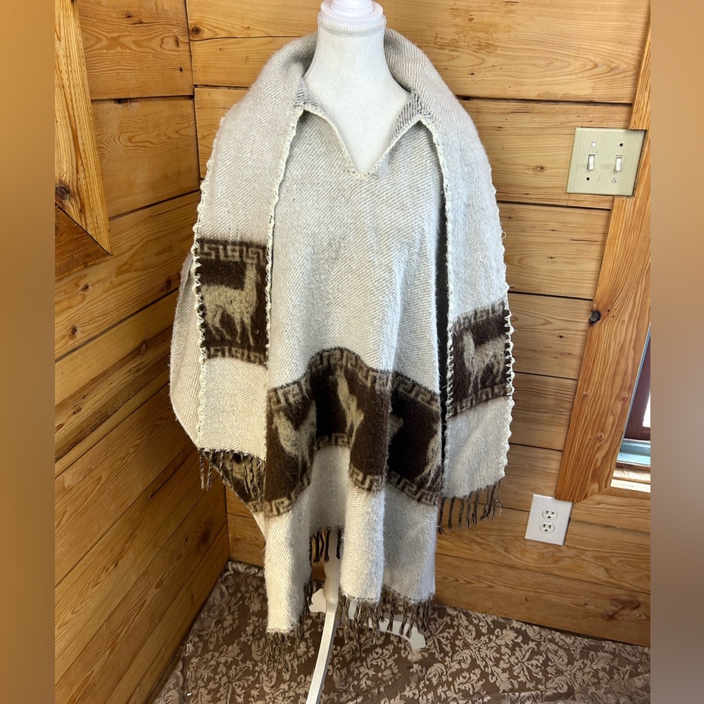 100% Alpaca Wool Poncho Reversible Vintage‎ Grey Brown Crochet Trim Oversized